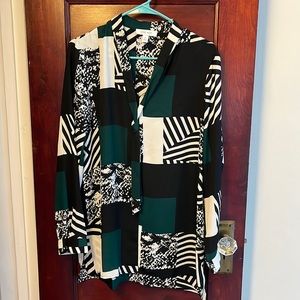 Nine West black green white neck tie blouse
